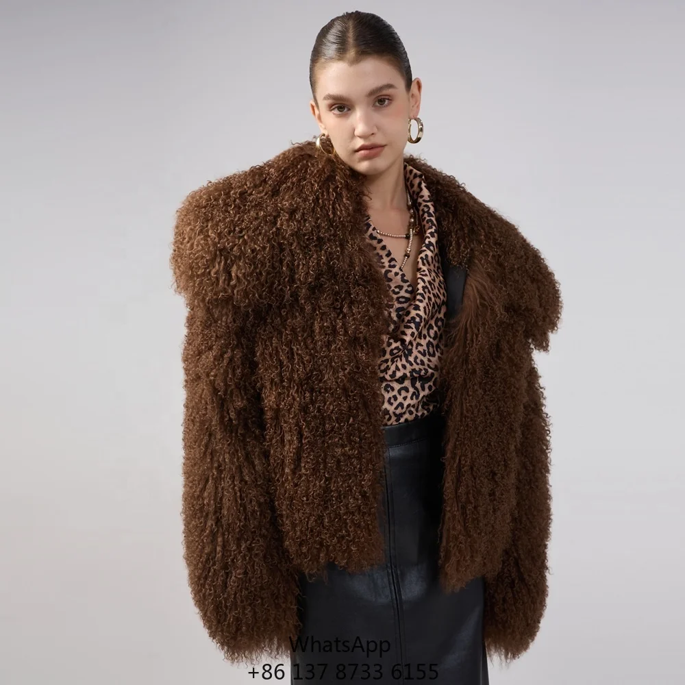 

Ladies Trendy Plus Size Women Fashion Collar Real Mongolian Lamb Fur Coat