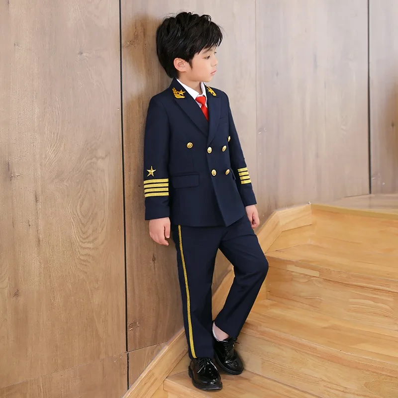 OLEKID Children Boys Pilot Uniform Suits Kids Formal Jakcet Pants Tuxedo Boy Wedding Suit Elegant Suits For 2-14T Children Boys