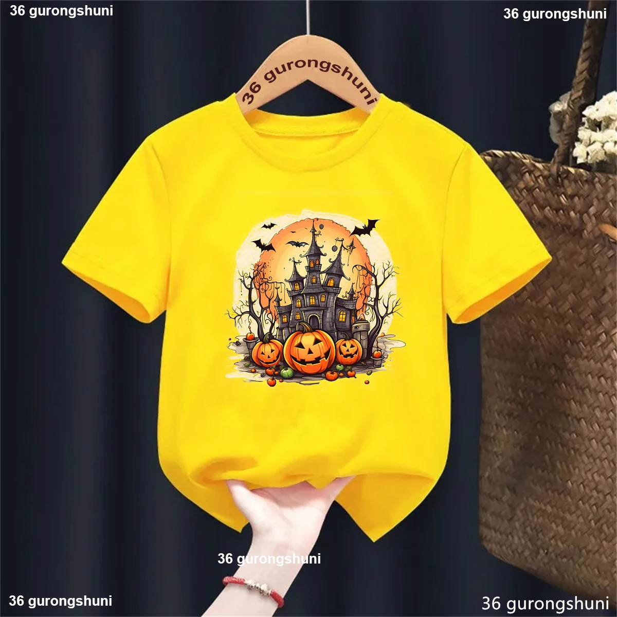 Funny Kids Clothes Cool Halloween Pumpkin Bat Printed T Shirt Girls/Boys Harajuku Kawaii Children'S Clothing Solid T-Shirt Tops image 2