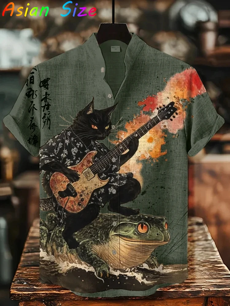2025 Vintage Japan Style Cat With Guitar Graphic Hawaii Shirts For Men Clothes Harajuku Frog Cartoon Blouses Japanese Art Camisa