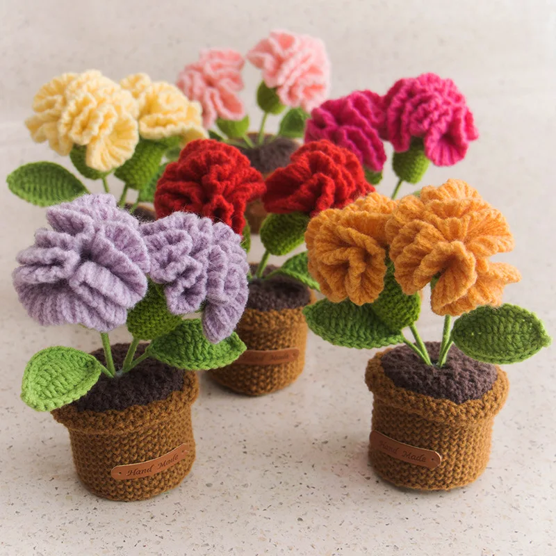 Ręcznie robione szydełkowe goździki w doniczkach, wykończony bukiet z roślin sztucznych, dekoracja na biurko, prezenty na Boże Narodzenie i ukończenie szkoły