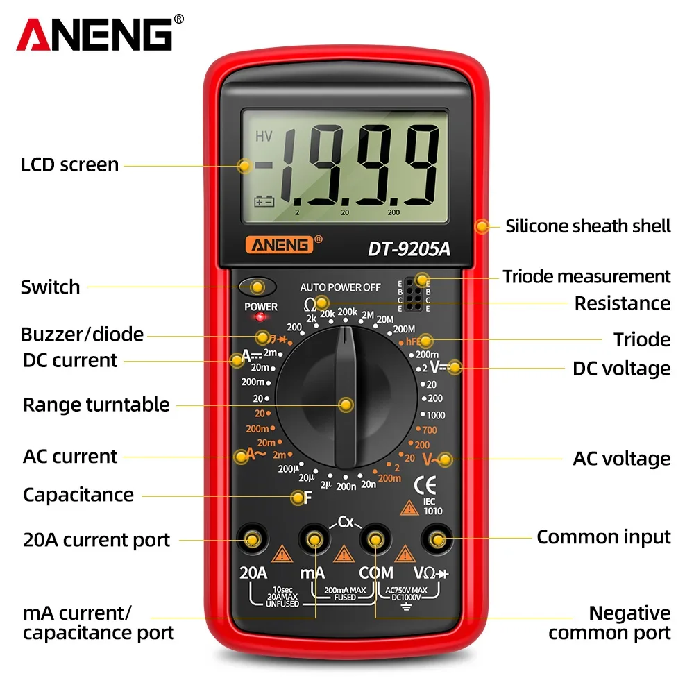 ANENG DT9205A Digital Multimeter AC/DC Transistor Tester Electrical  NCV Test Meter Profesional Analog Auto Range Multimetro