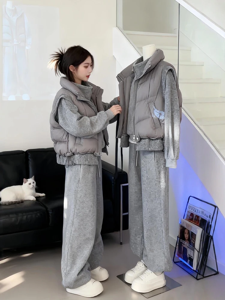 Conjunto de moda de invierno de talla grande: Sudadera informal, chaqueta, chaleco de algodón superpuesto, pantalones y camiseta para mujer de talla grande