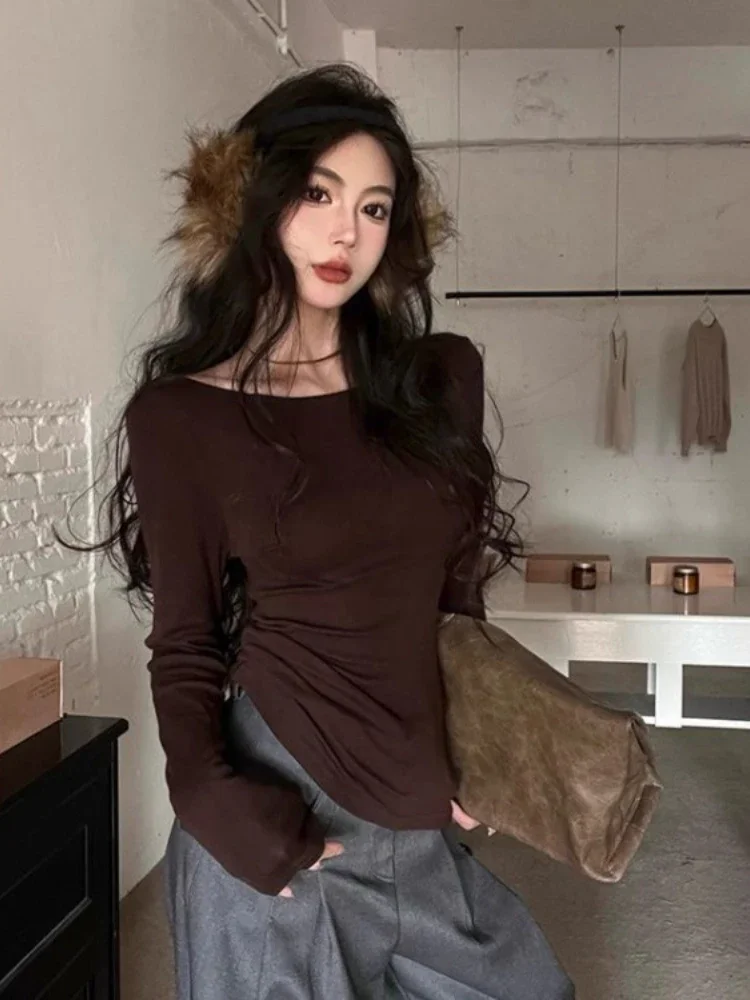 Women T-shirt Y2k Aesthetic All Match Slim Tshirts Korean Vintage Grunge Long Sleeve Tees Streetwear Trendy Sexy Casual Simple