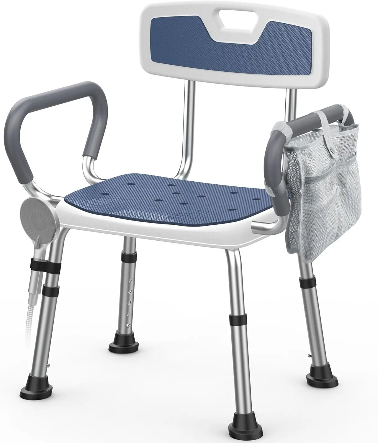 

Регулируемое кресло для душа для пожилых и людей с ограниченными возможностями, усиленная конструкция, выдерживает нагрузку до 450 фунтов, с мягкими подлокотниками и спинкой.