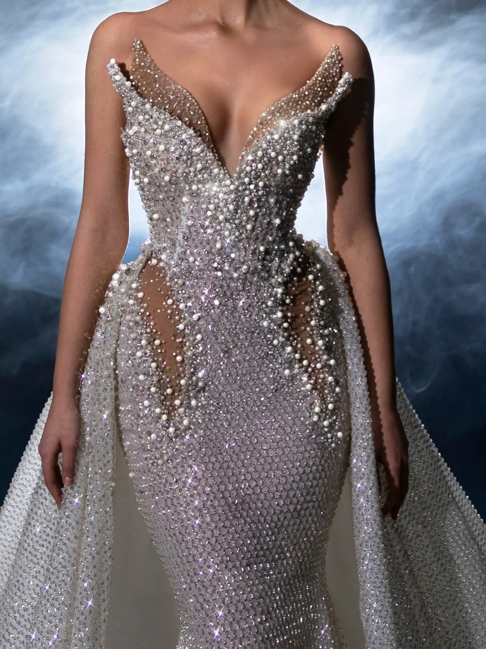 Silver Detachable Train Beaded Wedding Dress Gorgeous Sparkly Pearls Bridal Gown Customized V-neck Mermaid Dresses For Bride