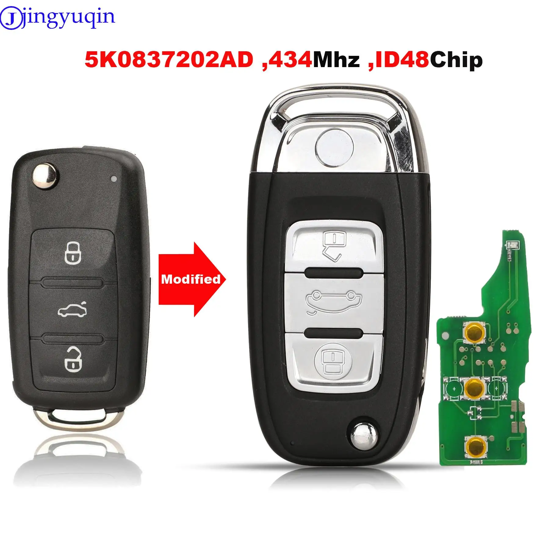 Jingyuqin Upgrade 3btn Remote 434Mhz ID48 Chip chiave per auto per VW Tiguan Touran Caddy Beetle Jetta Eos Golf Polo Hella 5K0837202AD