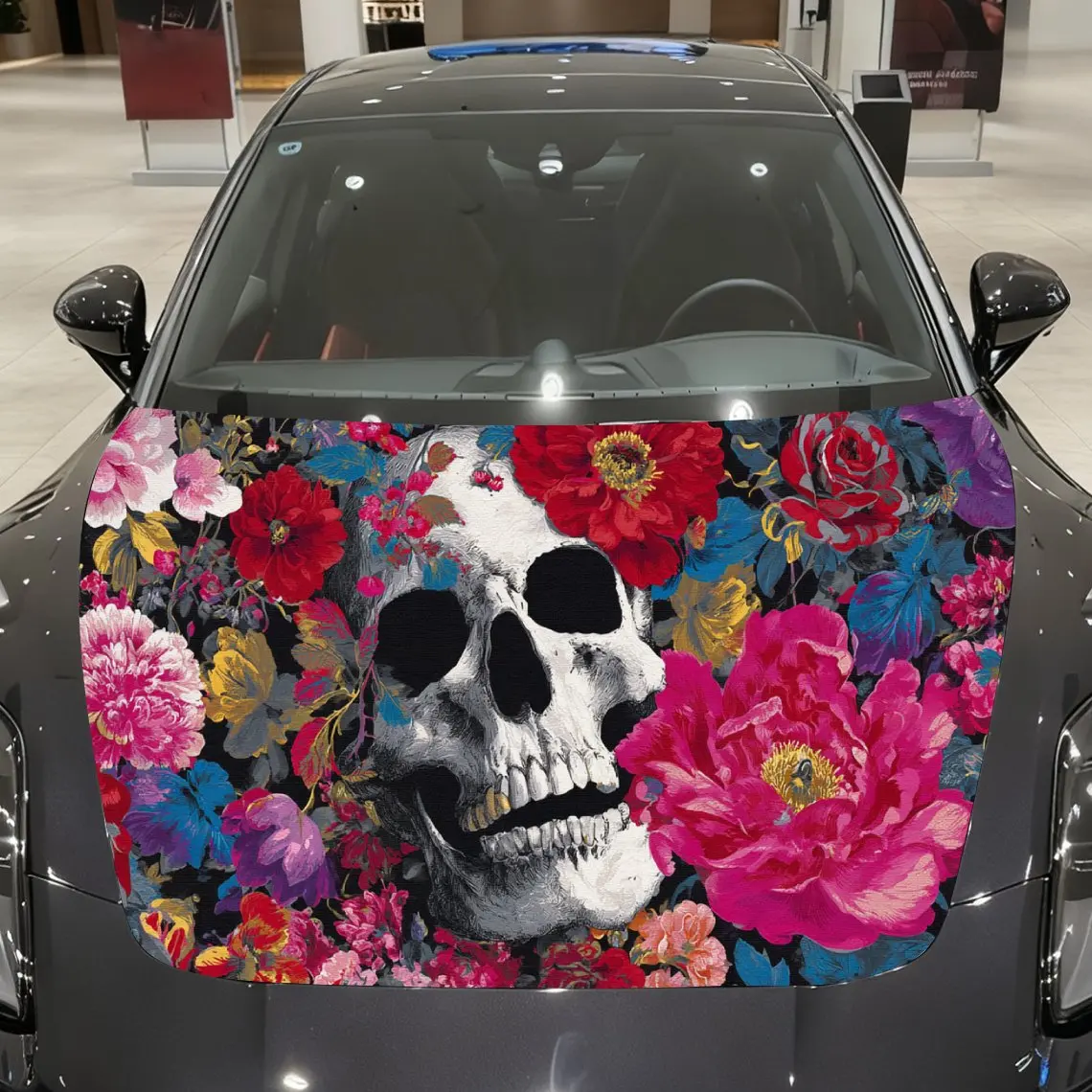Car Decal Skull with Multicolored Floral Burst Motif in Vibrant Art Collage Style - Edgy Artistic Dark Fantasy Aesthetic Car Hoo