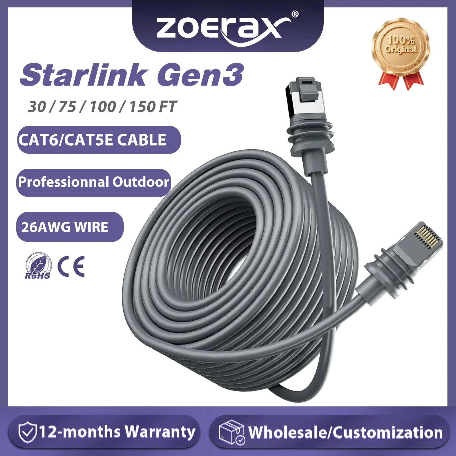 ZOERAX Starlink Gen 3 Ethernet Cable , CAT5e/CAT6 U/FTP 26AWG OFC 1000/1200Mbps, 30-150ft Shielded Wire for Starlink Router