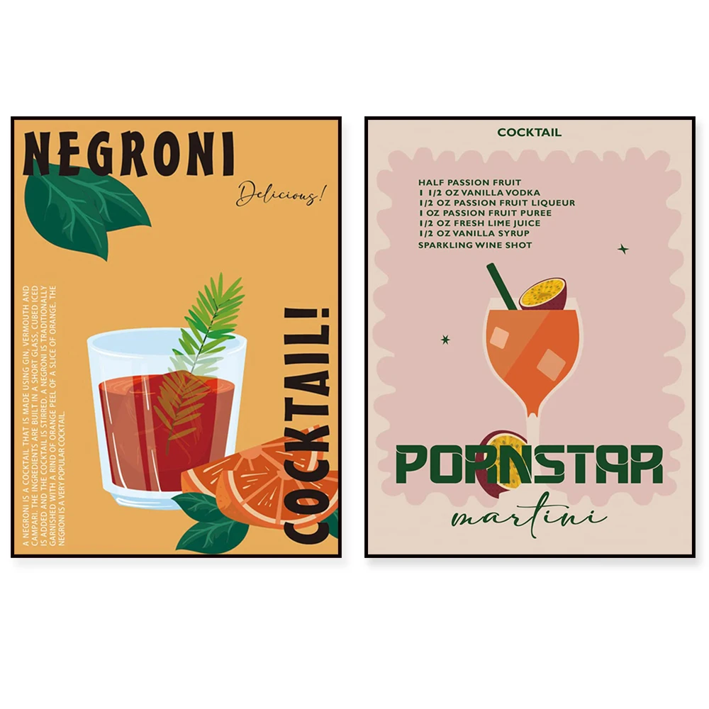 Gin and tónico, martini, vodka, tequila, cócteles mojito, divertido cartel artístico de pared con logotipo de cóctel, decoración de cocina, bar en casa