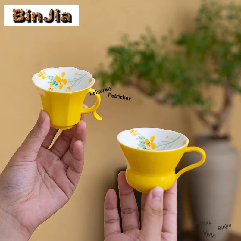 

2pc/lot Hand-painted Rape Flower Teacup Retro Tea Bowl Water Jug Tea-tasting Smelling Cup Chazhan Master Cups Tea Items Craft