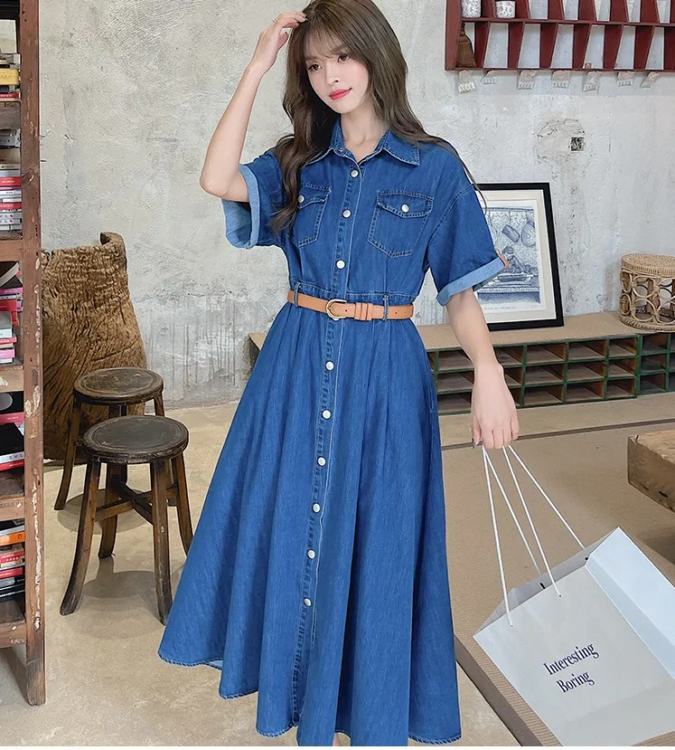 Casual Women Denim Dress 2024 Elegant Fashion Short Sleeve Turn-Down Collar Single Breasted High Waist Vintage Dress Female