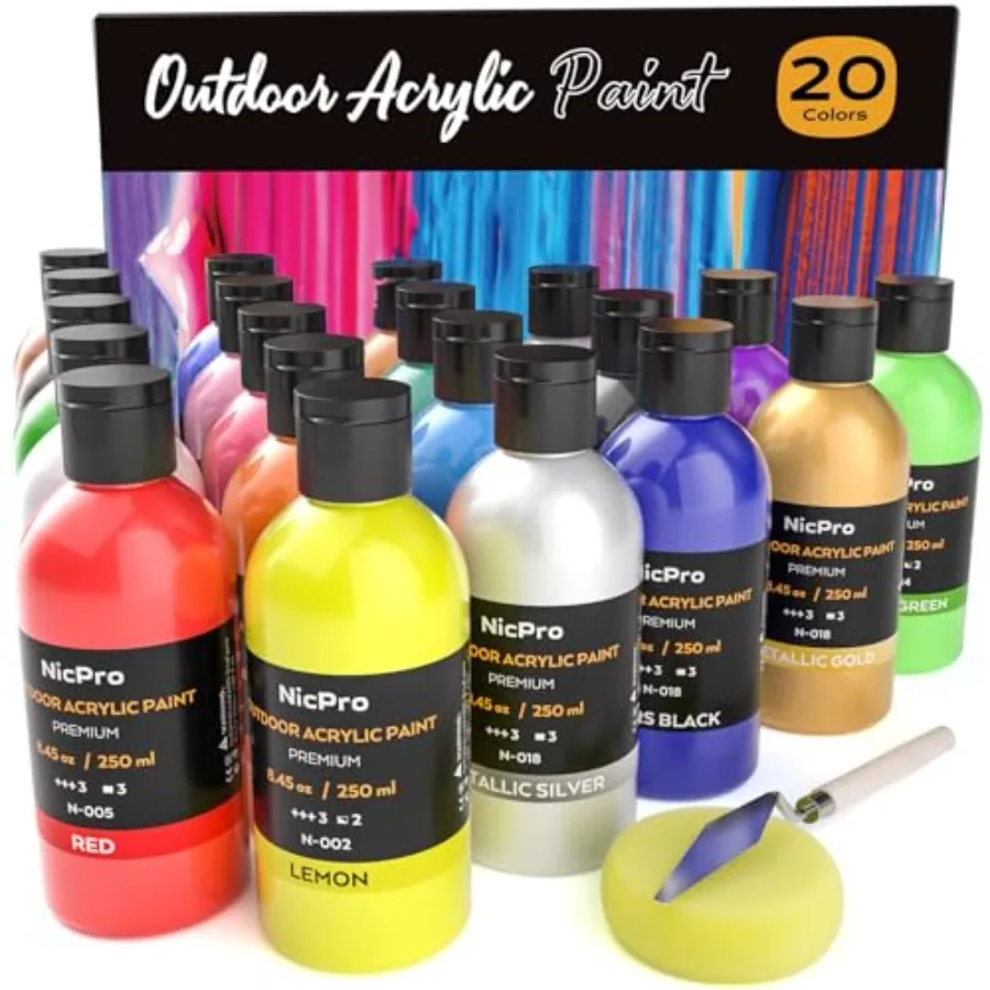 

20 Colors Large Bulk Outdoor Acrylic Paint Set 8.45 oz, 250 ml Rich Art Painting Supplies, Non Toxic for Multi Surface Canvas R