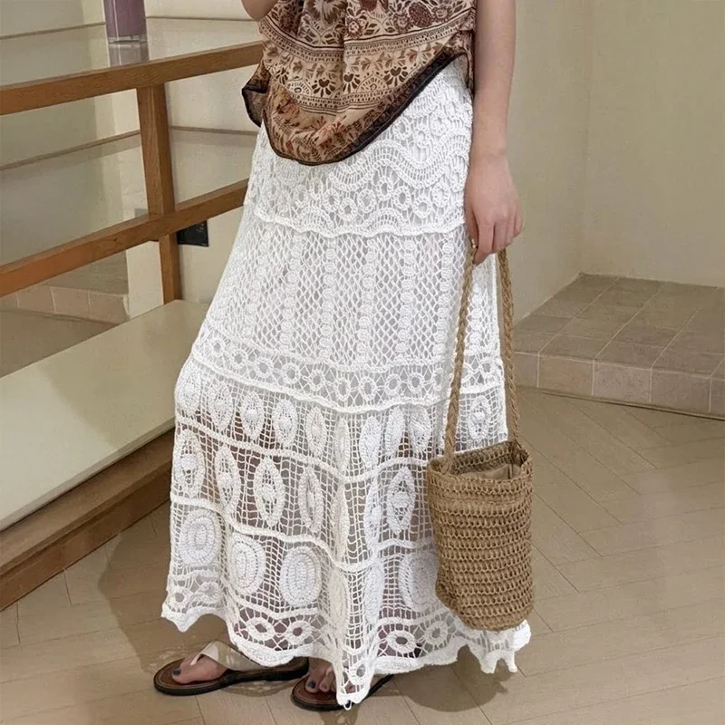 Women's Crochet Lace Maxi Skirt Boho A-Line Tiered Long Skirt Hollow Out Floral Open-Knit Beach Cover Up Cottagecore Festival