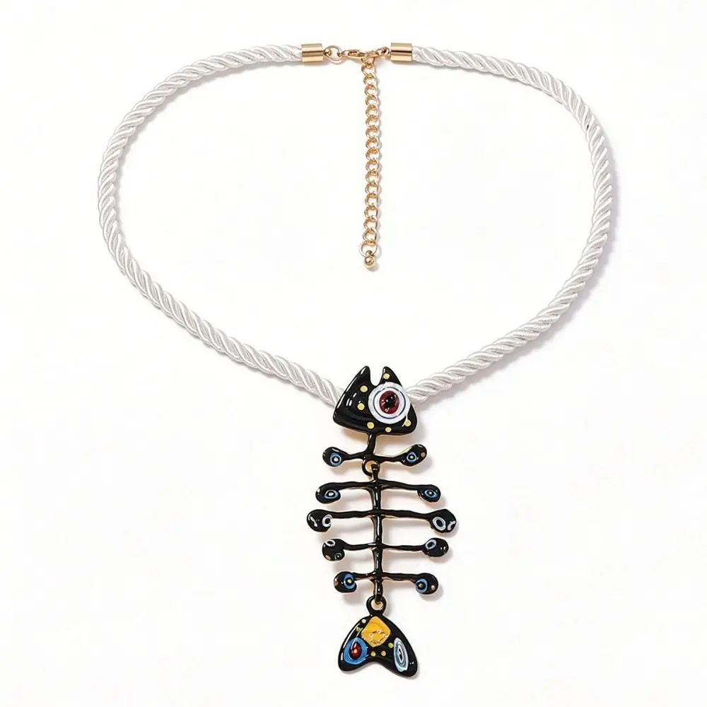 Unique Boho Style Fish Bone Necklace Alloy Hand Woven Rope Fish Bone Pendant Drip Oil Multicolor Printed Fish Charm Daily Outing