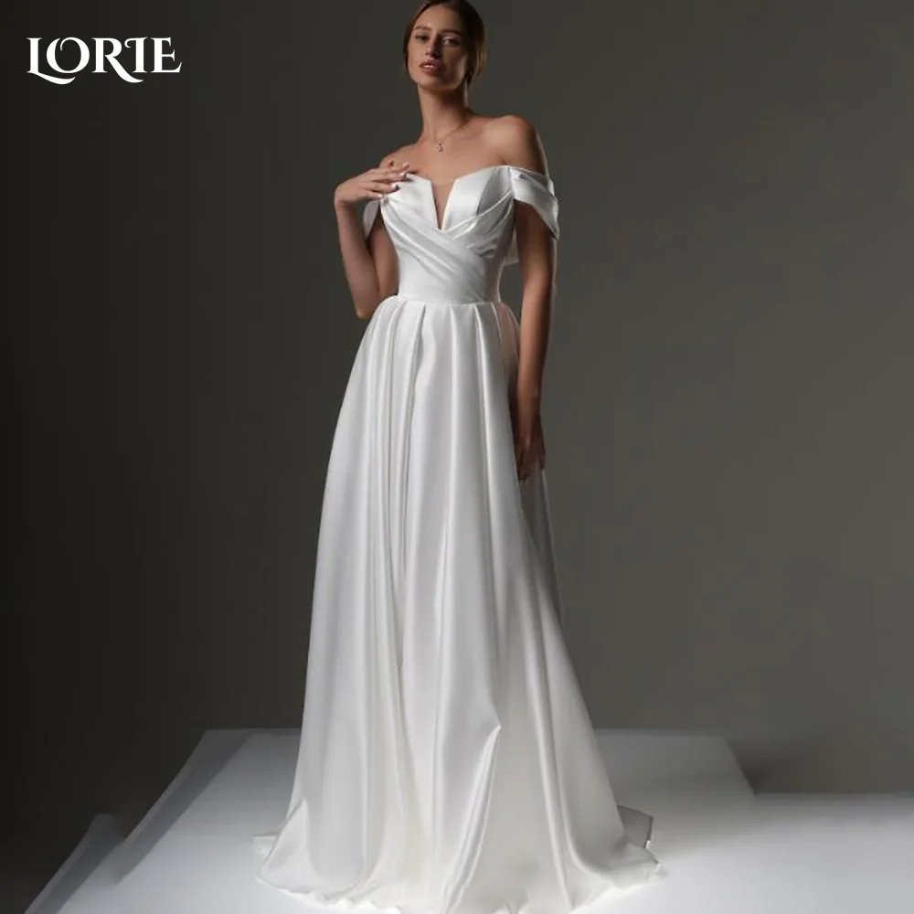 

LORIE Sweetheart Wedding Dress Off Shoulder Shiny Satin Bridal Gown Customized A-Line Pleats Bride Dress Princess Ivory Dress