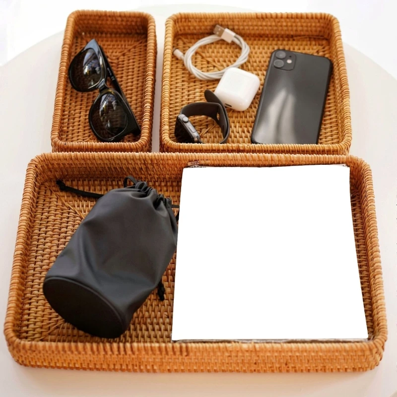 

Set of 3 Handwoven Rattan Organizers Trays Storage Baskets for Home Decors B03E