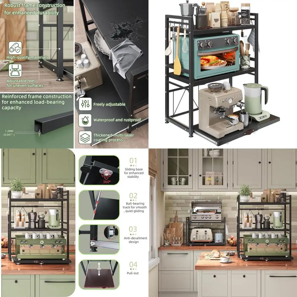 

3-Tier Expandable Metal Microwave Stand with Pull-Out Shelf and 8 Hooks, Black, 110lbs Capacity