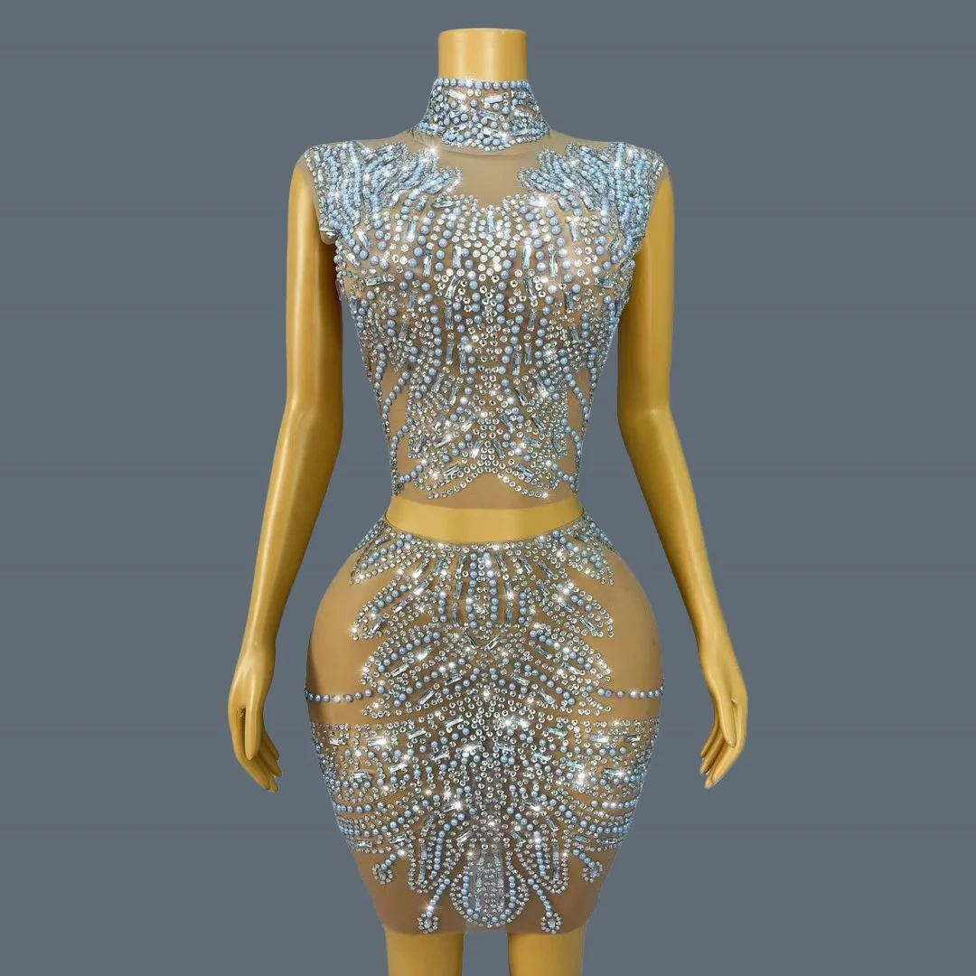 High-end Crystals Tops Mini Skirt 2Pieces Set Women Sparkly Set Sexy Tight Fitting Dress Birthday Celebrate Party Wear Huatuan