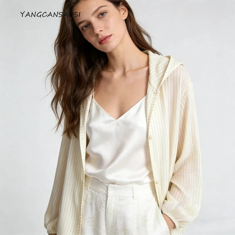 

100% Natural Mulberry Silk Georgette Tops, Women's Fashion Striped Printed Long Sleeve Loose Versatile Sunscreen Cardigan