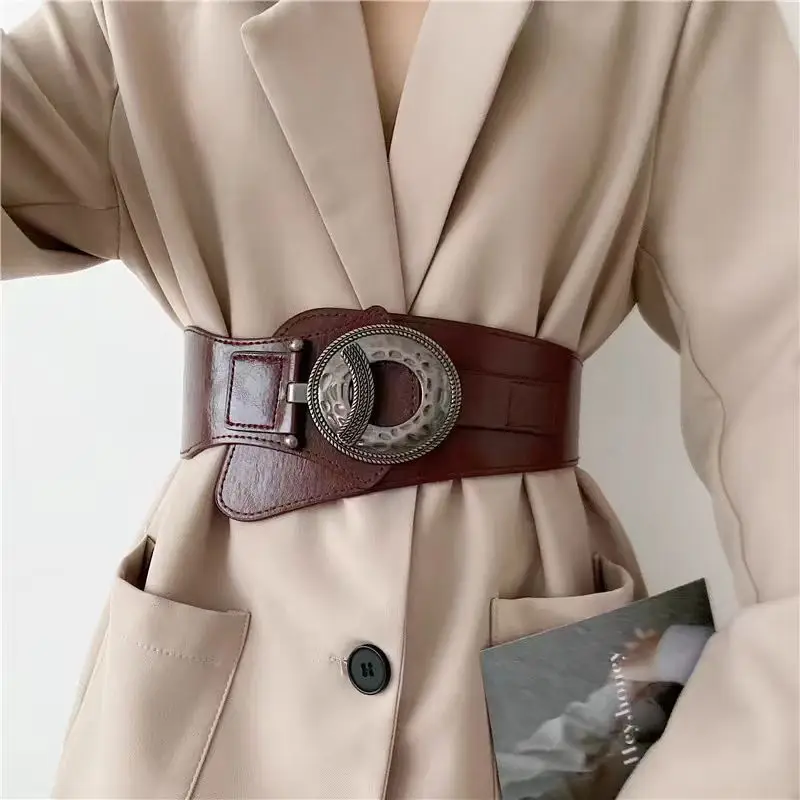 Women Black Faux Leather Wide Elastic Waist Belt Vintage Simple Style Decorative Waist Cincher For Dress Blazer Down Jacket Fash