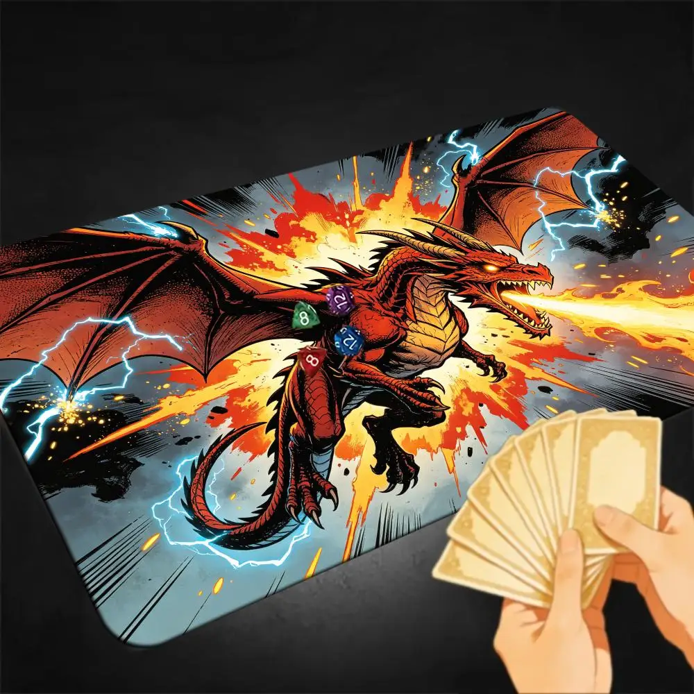 Bold Comic Red Dragon Large Gaming Desk Mat Fire Breathing Lightning Explosion Premium Non Slip Rubber TCG Playmat Gift