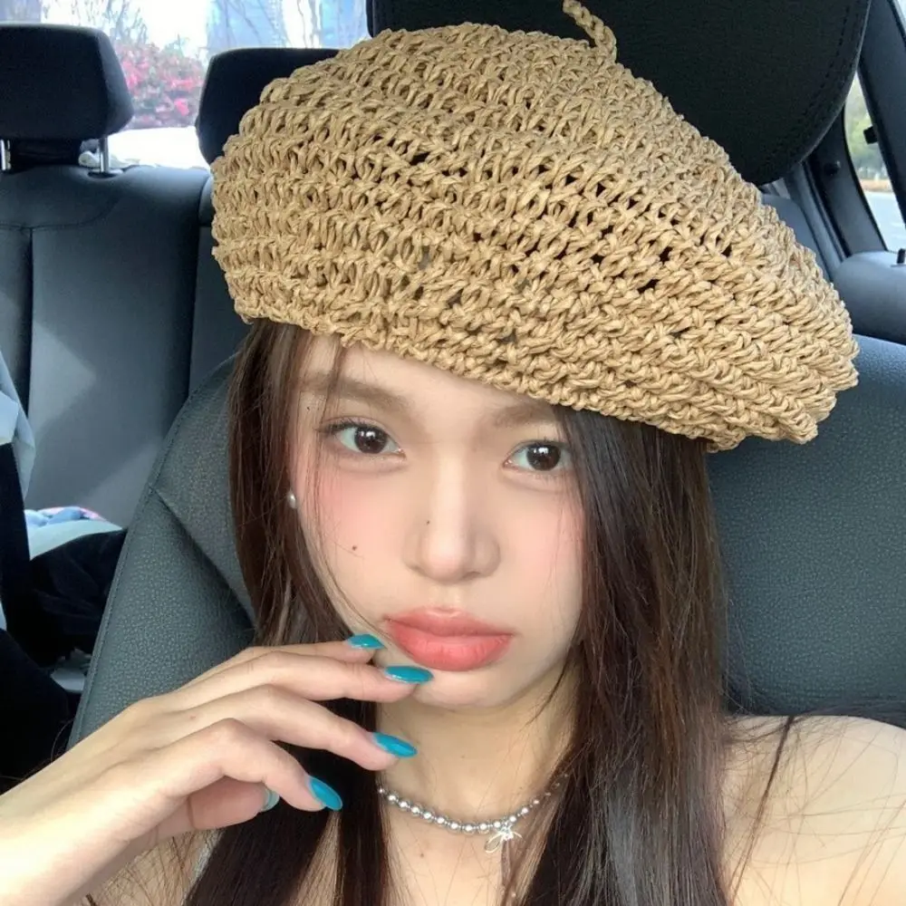 

Popular Summer Straw Beret Crochet Hollow Weave Cap Vacation Handmade Painter Hat Outdoor