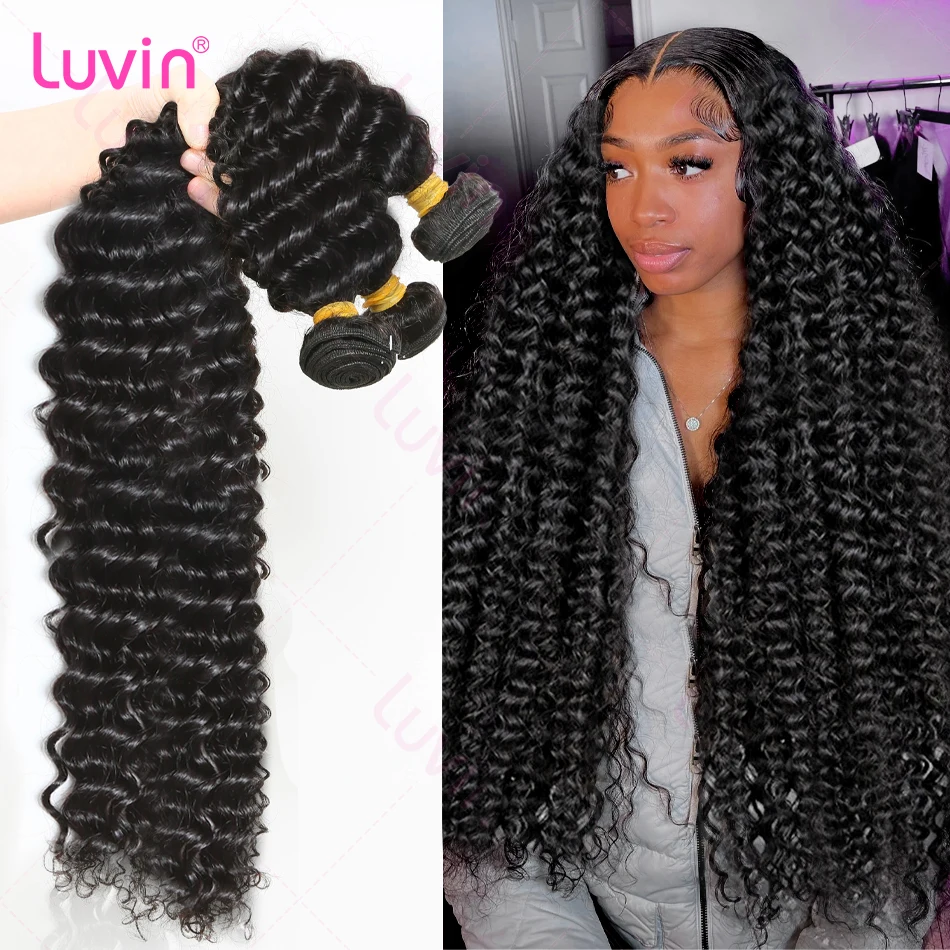 Luvin Burmese Curly Bundles Human Hair 30 34 Inch Deep Wave Raw Hair Bundles 100% Unprocessed Double Weft Hair Extensions Weave