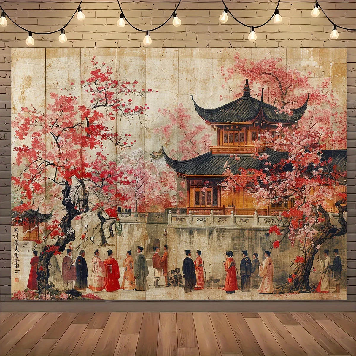 Ein Vintage-Hintergrundstoff mit Kirschblüten und typischem asiatischem Kunstthema, geeignet für kulturelle Veranstaltungen und Heimdekorationen