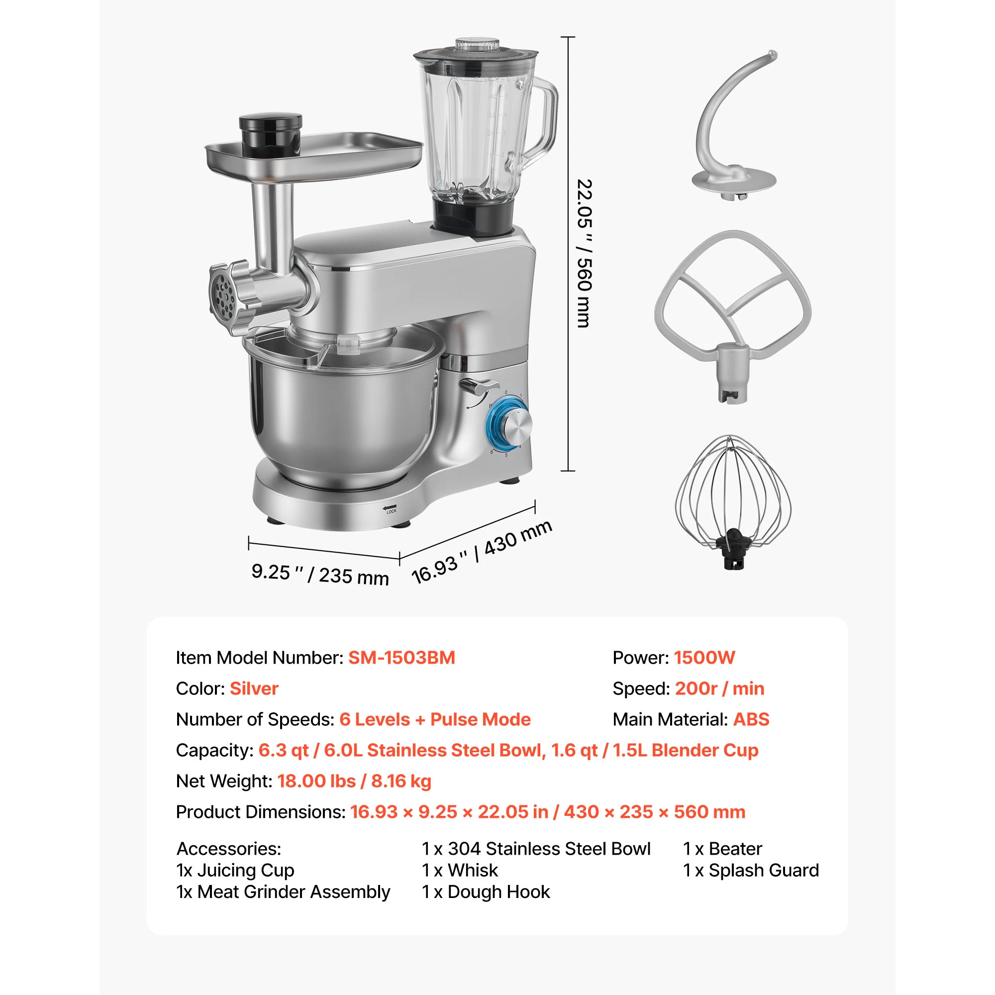 SucceBuy 5,7/6/7,8L Staande Mixer Elektrische Keukenmixer 1500W Deegmixer, 6+P Snelheden Kantelbare Voedselmixer met 1,5 L Blenderbeker