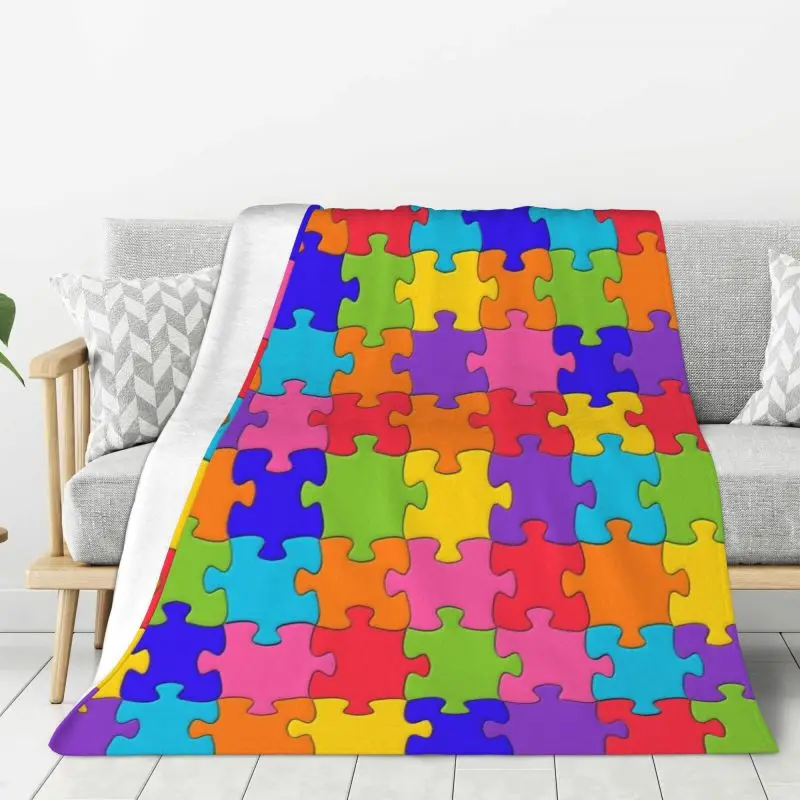 Custom Colorful Jigsaw Puzzle Autism Awareness Blankets Warm Flannel Throw Blanket for Bedding Travel Sofa