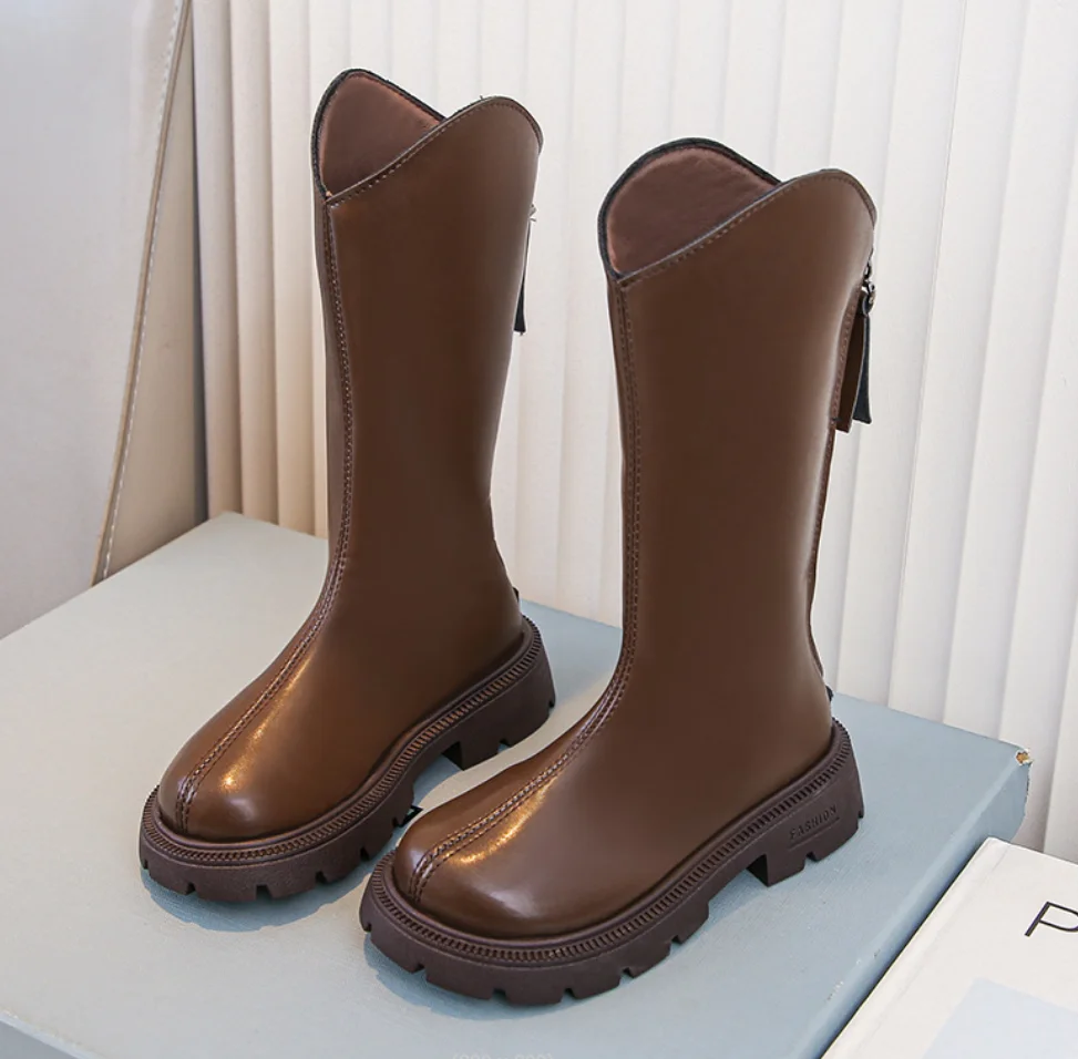 

Модные зимние теплые кожаные сапоги для девочек, новые высокие высокие длинные сапоги, детская обувь принцессы, детская нескользящая модная обувь на молнии