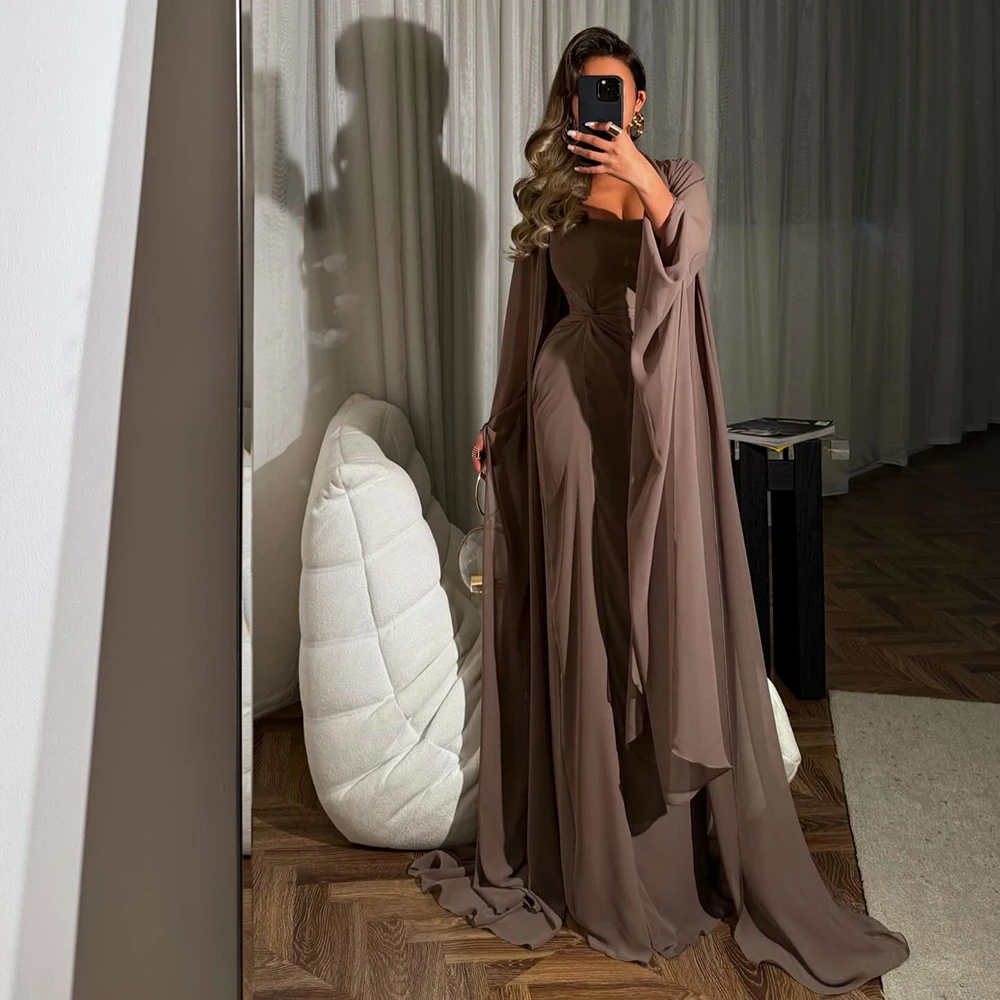 

Customized Square Collar Chiffon Formal Evening Dress Full Sleeves With Sweep Train Party Gown Straight Floor Length Prom Dress