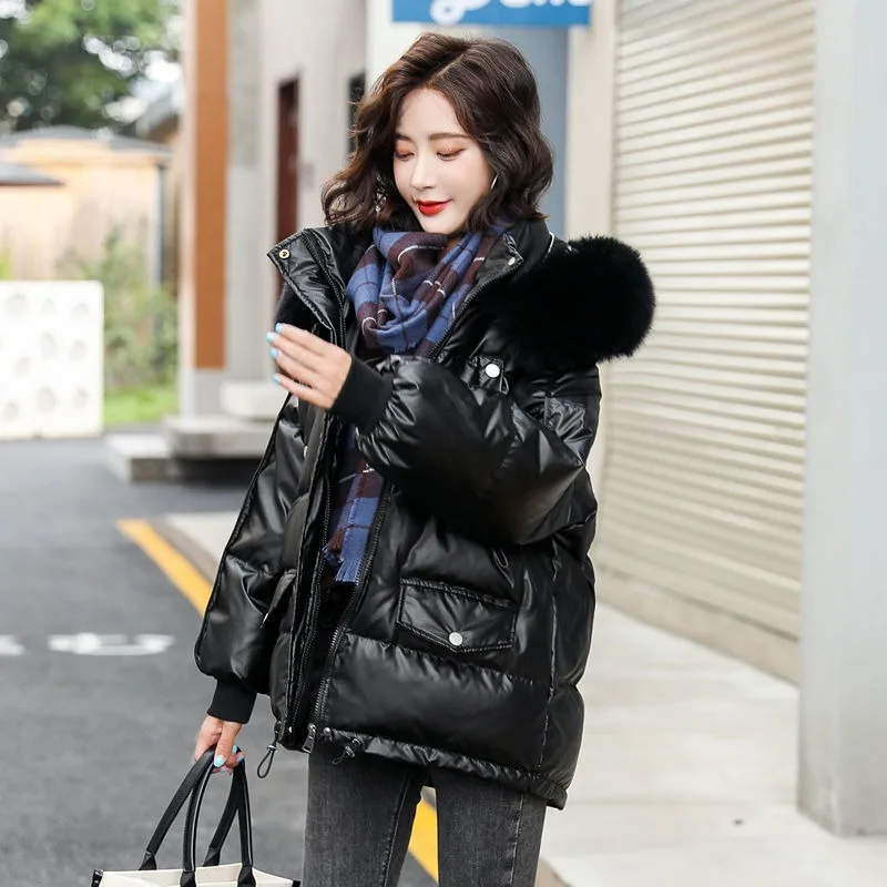 

2023 New Women Down Bread Jacket Winter Coat Female Short Parkas Loose Thick Glossy Outwear Artificial Fur Collar Overcoat