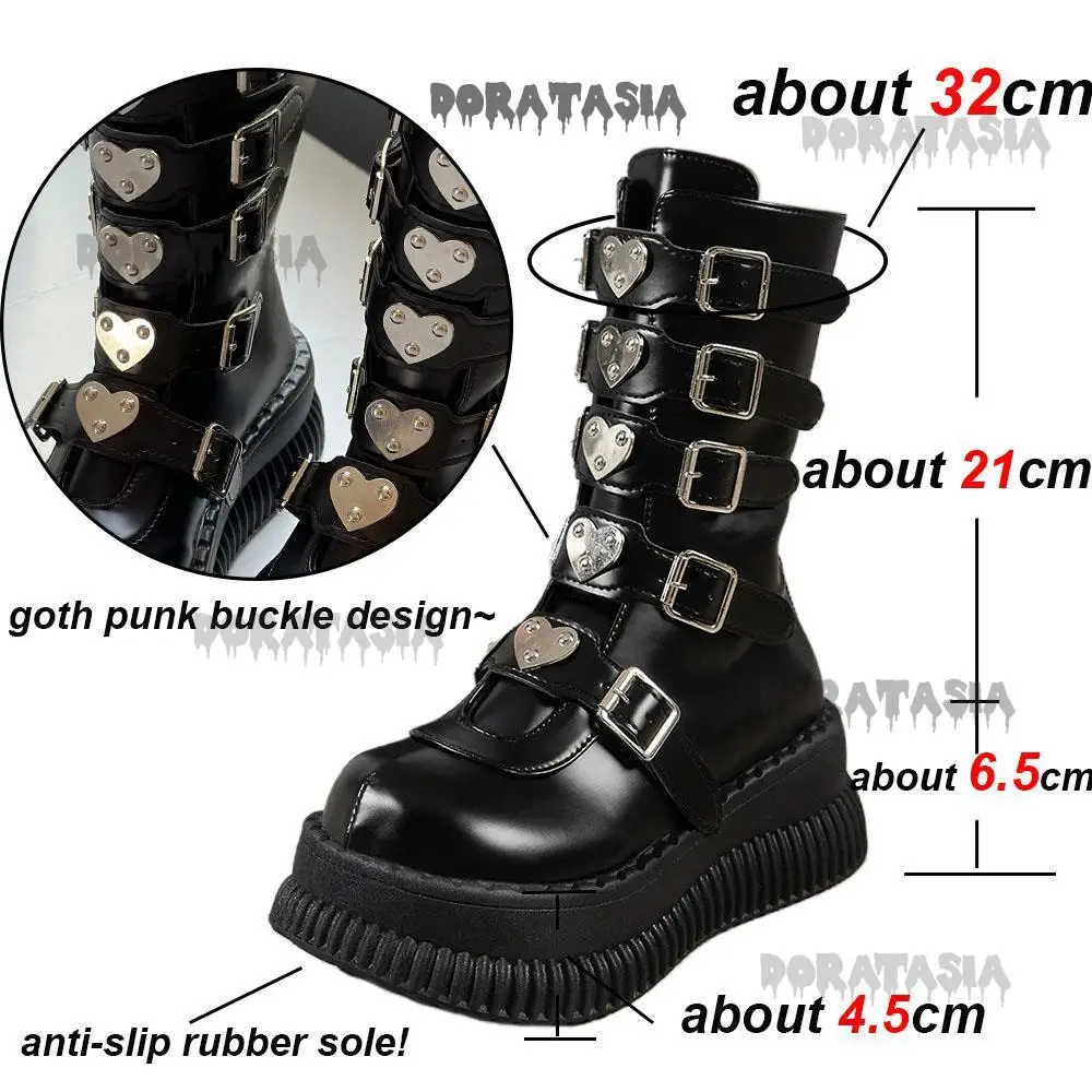 Platform Women Motorcycle Boots Buckle Thick Wedges Heel Mid Calf Shoes Luxury Punk Goth Cosplay Lolita Holloween Wintter Boots