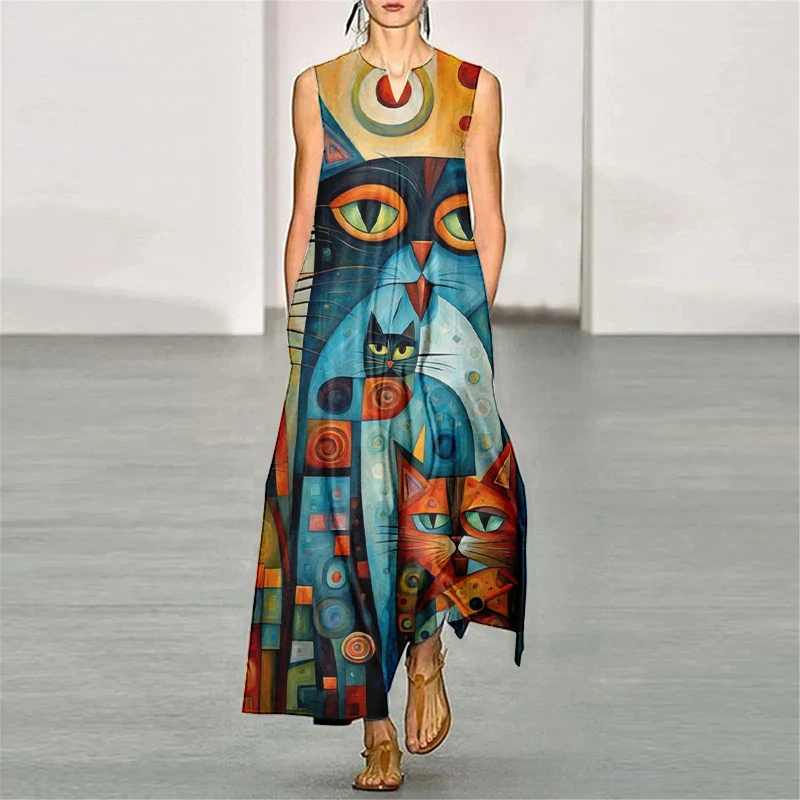 Elegant Abstract Hand-Painted Cat Printed Maxi Dresses Sexy Women's V-neck Tank Top Dress 2024 Elegant Loose A-line Party Dress