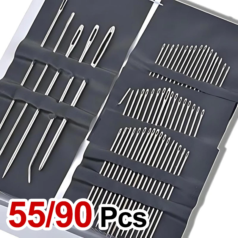 55/90 Piece Stainless Steel Hand Sewing Needle Set - Large Eye Embroidery Needle Kit Mixed in Multiple Sizes Uncolored Durable