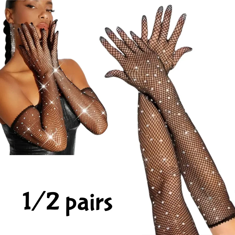 2/1 Paar Strass-Fischnetz-lange Handschuhe, sexy dehnbarer hohler Handschuh für Hochzeiten, Bankett, Nachtclubs, Festival, Partys, Foto-Requisiten