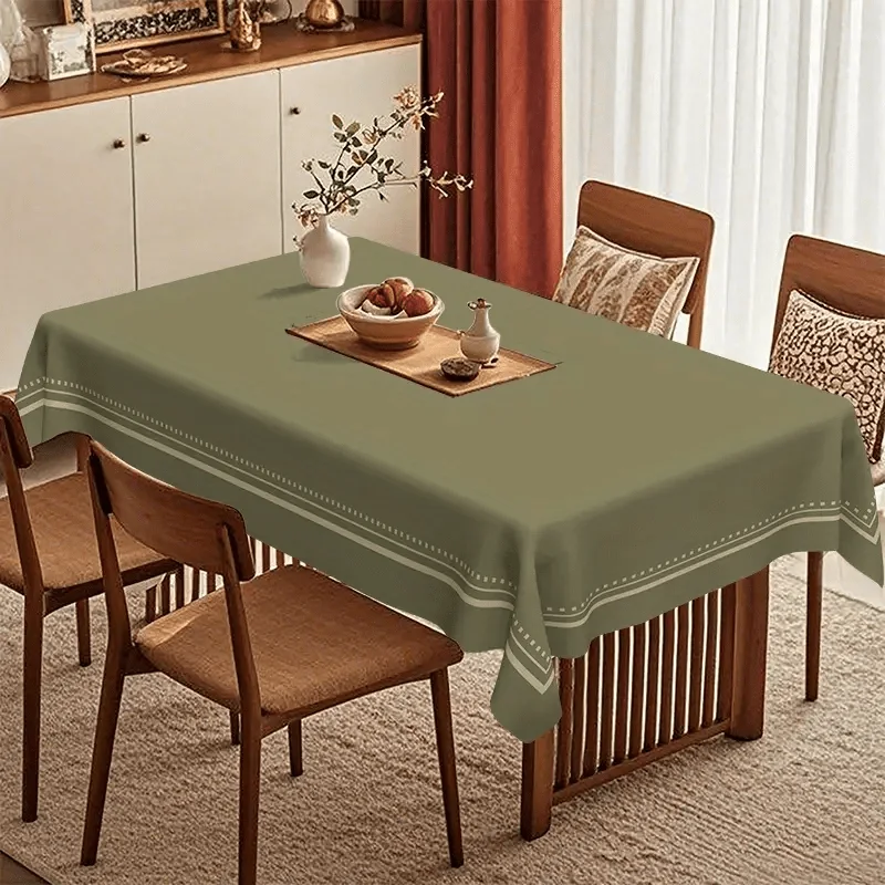 Retro and simple border tablecloth in olive green classic color. Elegant arrangement for living room and dining room.