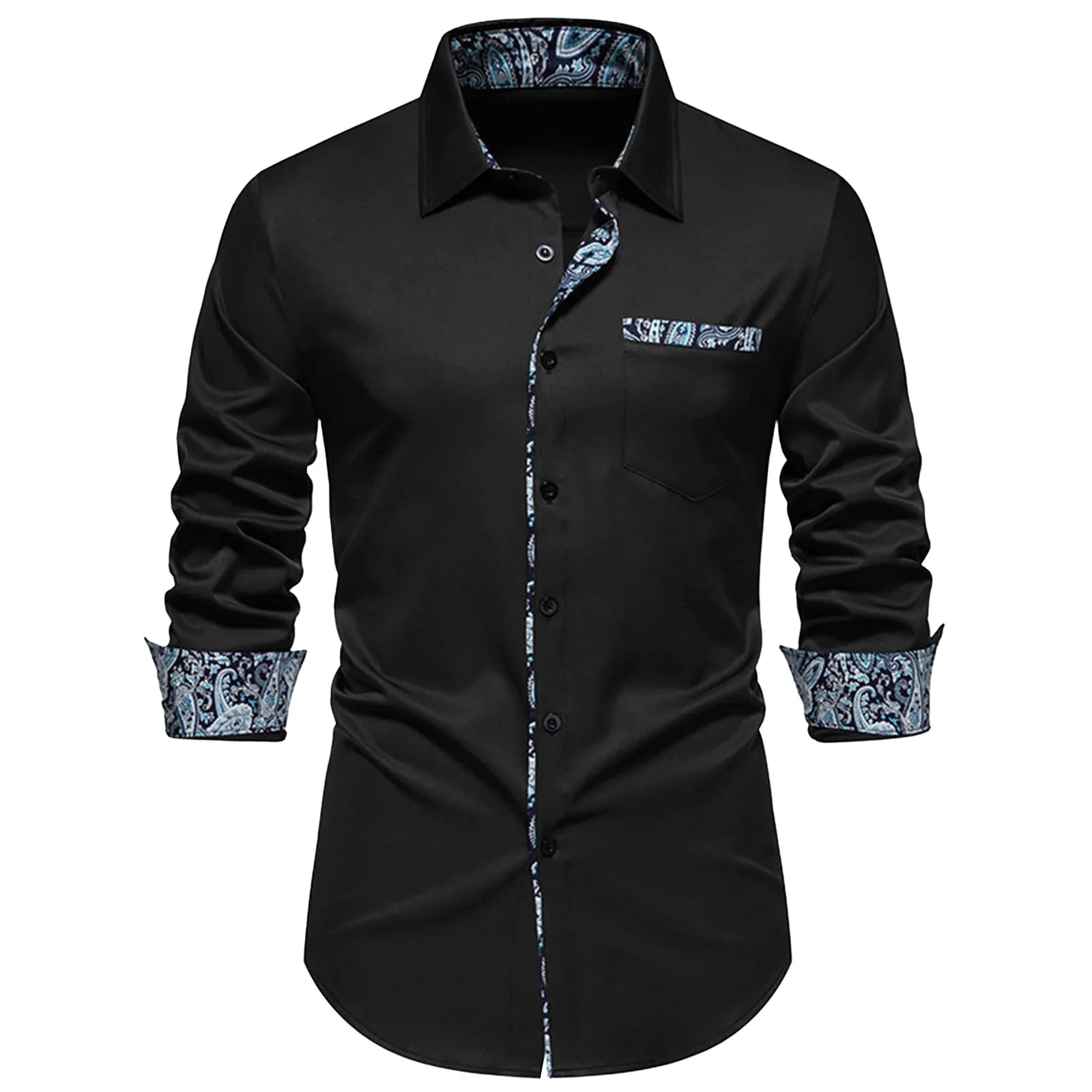 

2024 Men'S New Shirt Casual Fashion Trend Printed Splicing T-Shirt Slim Fit Long Sleeved Lapel Shirt Single-Breasted T-Shirt