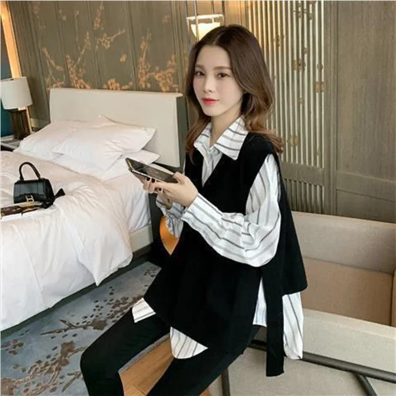 Polo Collar Vertical Stripe Shirt Black Vest Two-piece Set for Women\'s 2024 Spring Autumn New Korean Casual Fashion Unique Top