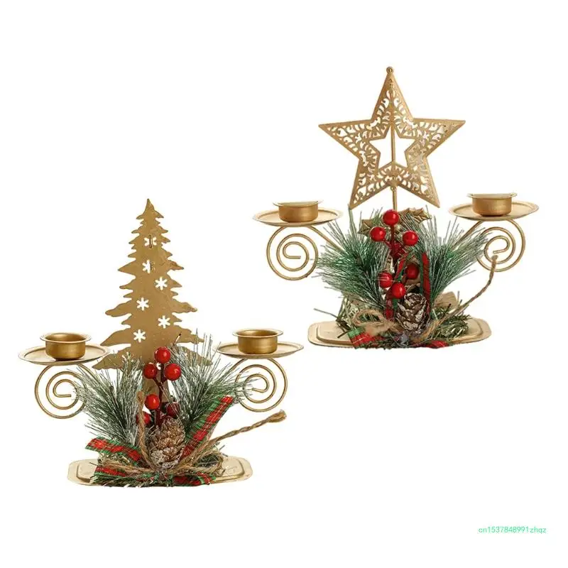 Elegant Gold Iron Christmas Holder Double Candelabra Pinecones Berries Stand for Festival Table Decors