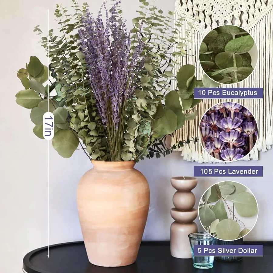 ก้านยูคาลิปตัสแห้งผสมดอกลาเวนเดอร์สำหรับอาบน้ำ 120 ชิ้น ขนาด 17 นิ้ว ใบเงินแท้ขนาดใหญ่ กิ่งไม้สดแขวนตกแต่ง
