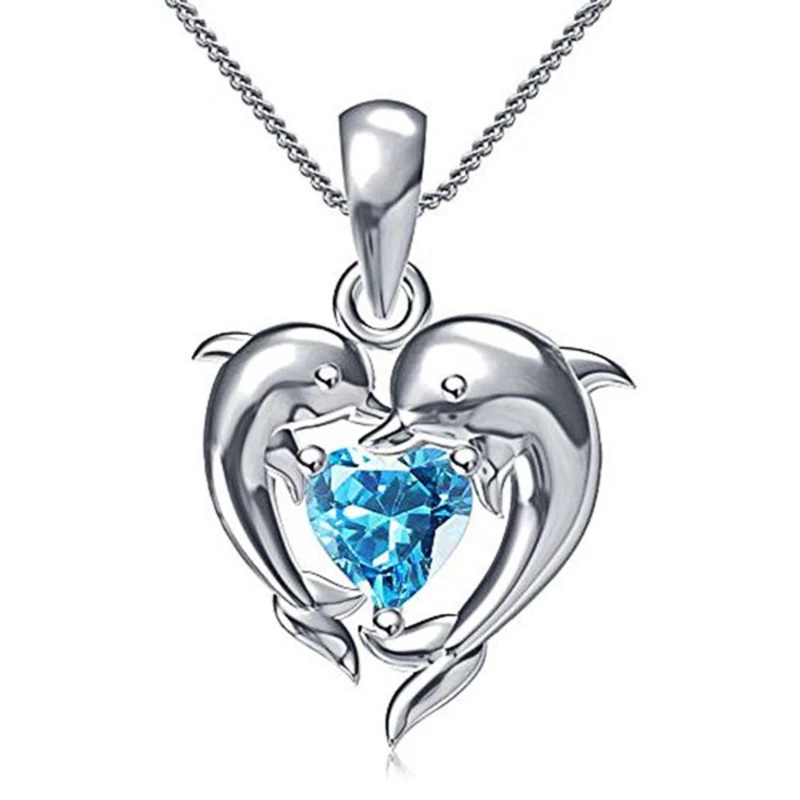 Huitan Couple Dolphin with Blue Heart CZ Necklace Women Chic Bride Wedding Clavicle Chain Necklaces Fancy Gift Statement Jewelry image 2