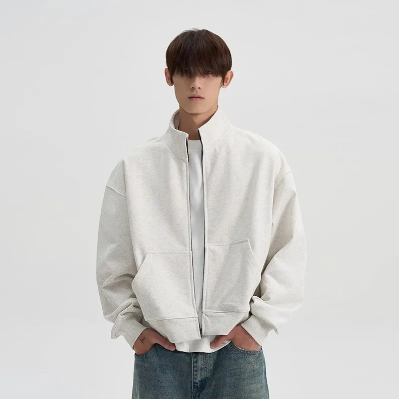 

Мужские однотонные белые, черные повседневные модные простые базовые куртки с воротником-стойкой и длинными рукавами на молнии в американском стиле, мужские пальто