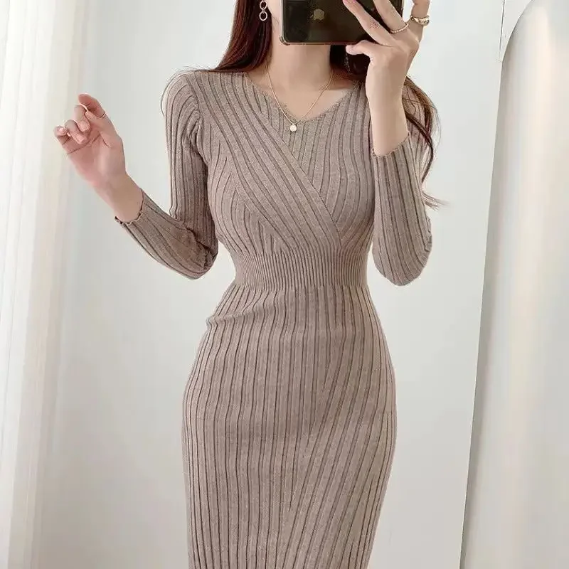 Primavera Nuovo pacchetto di maglieria vintage anca elegante signora maglieria elasticità donna autunno inverno lungo abito aderente coreano Y2k ssi