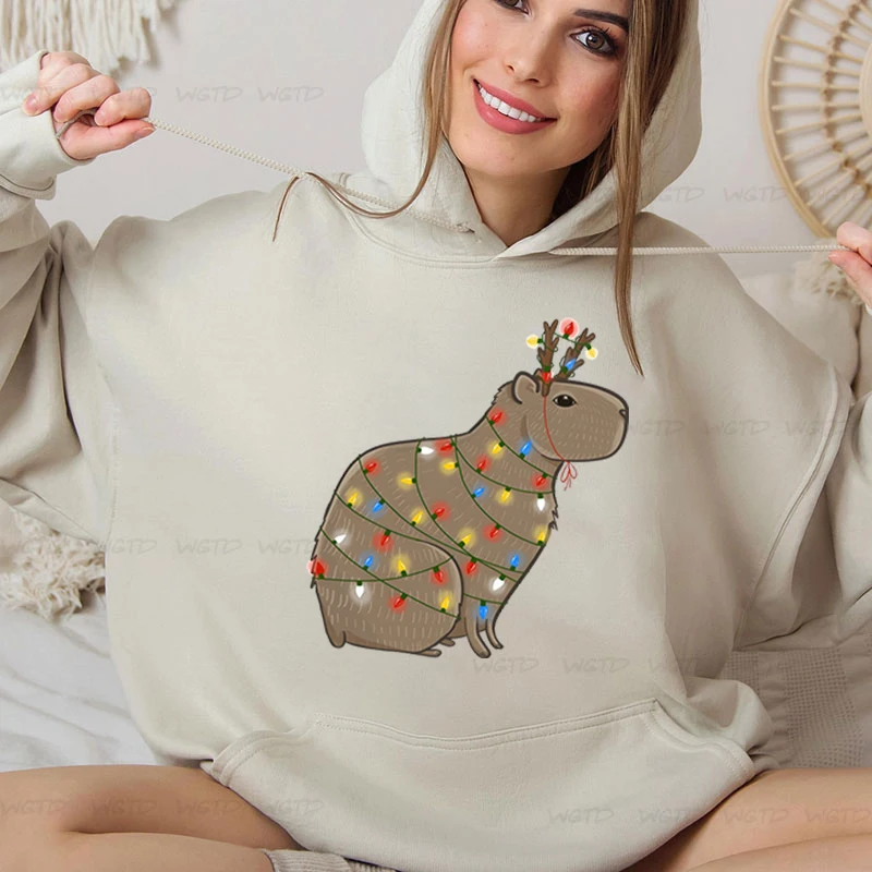 Hoodie natal wanita, Hoodie kartun lucu Capybara, pullover lucu kasual leher O, gambar Capybara lengan panjang, Sweatshirt wanita