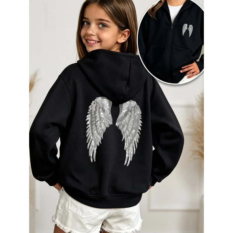Girls Zip Up Hoodie  Silver Glitter Angel Wings Print  Casual Long  Sleeve Hooded Jacket for Kids Daily  Wear