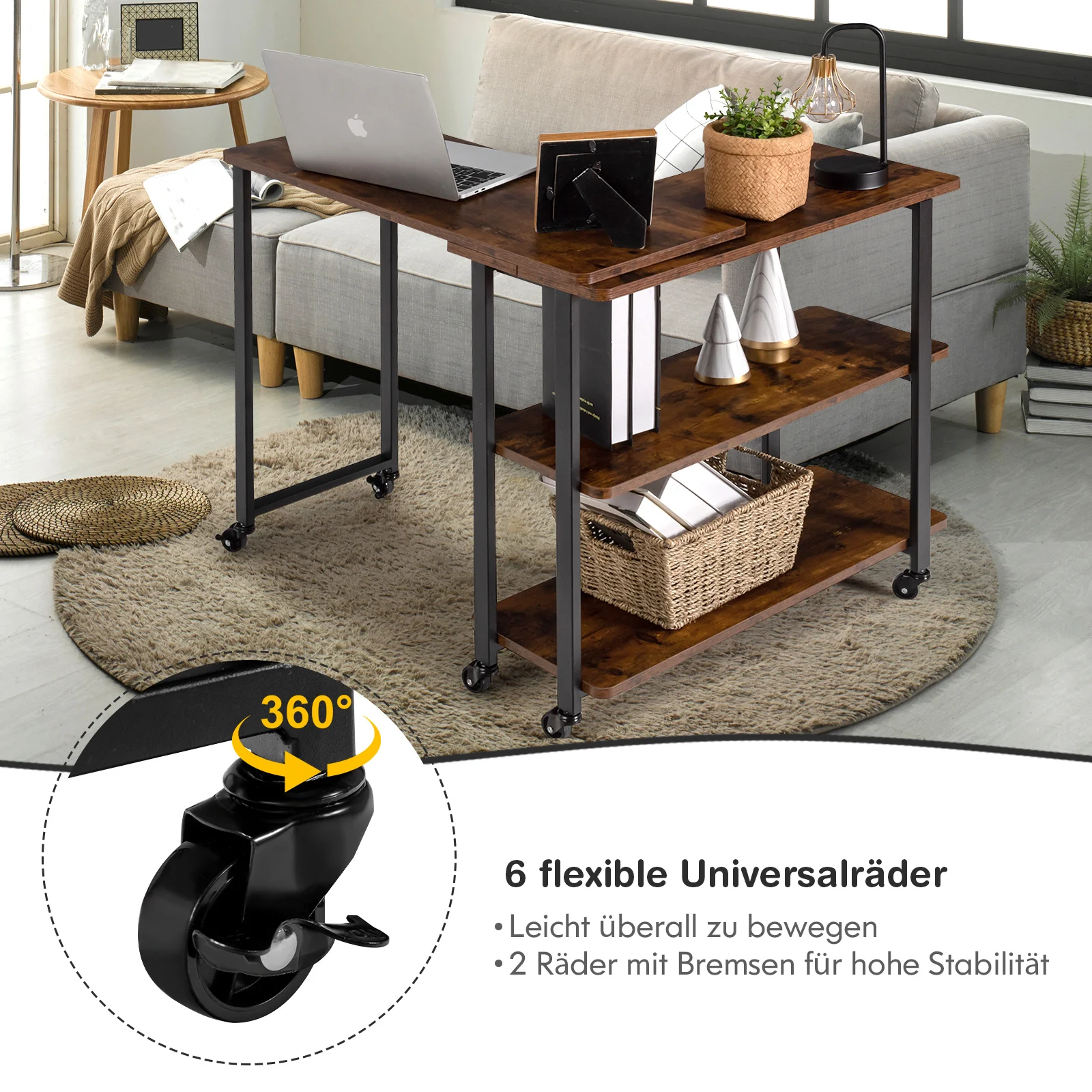 L-shaped side table with wheels, sofa table with 3 shelves, PC table, multifunctional laptop table, computer table, snack table