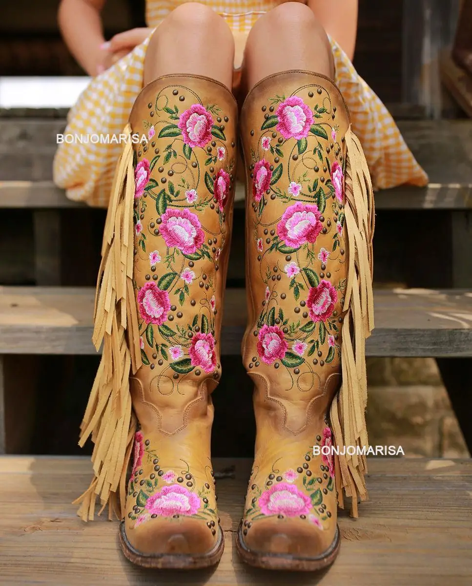 BONJOMARISA Cowboy Boots For Women Fringe Embroidery Flower Sweet Western Boots Cowgirls Roman Block High Heeled Shoes Autumn